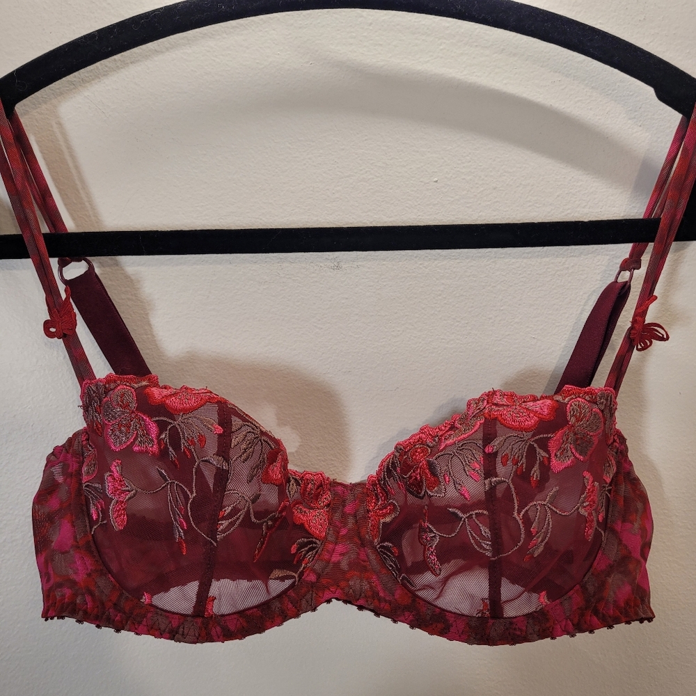 Aubade Paris Red Pink Floral Embroidery Lace Bra - 32D